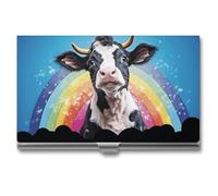BSCKKDMN Tarjetero delgado y portátil de metal para tarjetas de visita, una vaca sentada en un arco iris, bolsillo para tarjetas de nombre, cartera para hombres y mujeres, oficina, viajes