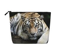BSCKKDMN Tiger Lie On Rock - Bolsa de maquillaje para mujer, impermeable, de lino, ligera, con cremallera, organizador de brochas de maquillaje, bolsa de almacenamiento