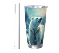 BSCKKDMN Vaso aislado con tapa y popote, 20 onzas, taza de café de viaje de acero inoxidable de doble pared, taza de té, osos polares, luces del norte, botella de agua a prueba de fugas, regalos para