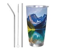 BSCKKDMN Vaso aislado con tapa y popote, 20 onzas, taza de café de viaje de acero inoxidable de doble pared, taza de té, lago, montaña, paisaje, botella de agua a prueba de fugas, regalos para mujeres
