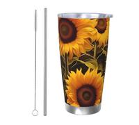 BSCKKDMN Vaso aislado con tapa y popote, 20 onzas, taza de café de viaje de acero inoxidable, taza de té de doble pared, girasoles, botella de agua a prueba de fugas, regalos para mujeres y hombres