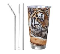BSCKKDMN Vaso aislado con tapa y popote, 20 onzas, taza de café de viaje de acero inoxidable, taza de té de doble pared, taza de té de tigre acostado en madera, botella de agua a prueba de fugas