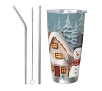 BSCKKDMN Vaso aislado con tapa y popote, 20 onzas, taza de café de viaje de acero inoxidable, taza de té de doble pared, muñeco de nieve y aldea, botella de agua a prueba de fugas, regalos para