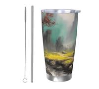 BSCKKDMN Vaso aislado con tapa y popote, 20 onzas, taza de café de viaje de acero inoxidable, taza de té de doble pared, pintura de paisaje, botella de agua a prueba de fugas, regalos para mujeres y