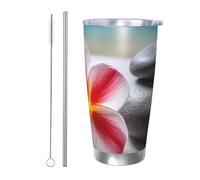 BSCKKDMN Vaso aislado con tapa y popote, 20 onzas, taza de café de viaje de acero inoxidable, taza de té de doble pared, flor tropical y piedra zen, botella de agua a prueba de fugas, regalo para