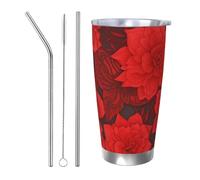 BSCKKDMN Vaso aislado con tapa y popote, 20 onzas, taza de café de viaje de acero inoxidable, taza de té de doble pared, flores rojas, botella de agua a prueba de fugas, regalos para mujeres y hombres