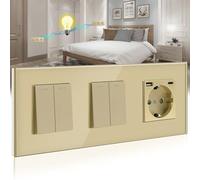 BSEED Doble Interruptor de pared con Enchufe Oro,2 Gang 2 Vías Interruptor conmutador+16A Schuko Enchufe con 1 Puerto Tipo C y 1 Puertos USB,10A Interruptor de luz de botón pulsador