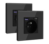 BSEED Enchufe con USB C PD20W negro, enchufe empotrado, 16 A CA con placa de cristal, conector múltiple de carga rápida con 1 USB-C 20 W, ideal para el hogar y la oficina, 2 unidades