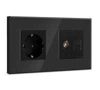 BSEED Enchufe de pared con 1/2 PC+ TV,Antena de TV coaxial y Ethernet RJ45 Cat5e,Schuko Enchufe con Panel de cristal,Negro toma de corriente,enchufes de extensión para Cocina, Dormitorio