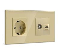 BSEED Enchufe de pared con 1/2 PC+ TV,Antena de TV coaxial y Ethernet RJ45 Cat5e,Schuko Enchufe con Panel de cristal,Oro toma de corriente,enchufes de extensión para Cocina, Dormitorio