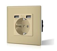 BSEED Enchufe de Pared con 2 USB,Enchufes Empotrable con Cristal,Seguridad infantil,Fácil de Instalar,M Serie,1 Enchufe con 2 USB,86mm Oro