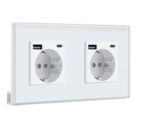BSEED Enchufe de Pared con USB C 20W,Blanco Schuko Enchufe con Cargador Rápido USB Tipo C,2 Gang Toma de Corriente con 2xCargadores USB y Typ C,Enchufe Integrado Adecuado