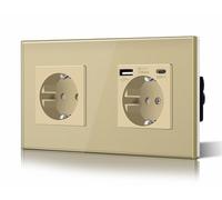 BSEED Enchufe de Pared con USB C,Enchufes Dobles Empotrados con Cristal,Toma de Corriente,Seguridad infantil,Fácil de Instalar,M Serie,1-Enchufe + 1-Enchufes+USB C,157mm Oro