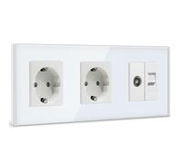 BSEED Enchufe de pared Doble con 1/2 PC+ TV,Antena de TV coaxial y Ethernet RJ45 Cat5e,Schuko Enchufe con Panel de cristal,Blanco toma de corriente Doble,enchufes de extensión para Cocina, Dormitorio