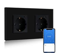 BSEED Enchufe Doble de Pared WiFi con monitor de consumo de energía,Schuko Enchufe inteligente Compatible con Alexa y Google Home,Control de APP y Función de Temporizador,16A Enchufe de Pared Negro
