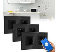 BSEED Enchufe Doble de Pared WiFi,Schuko Enchufe inteligente Compatible con Alexa y Google Home,Control de APP y Función de Temporizador,protección de contacto,16A Enchufe de Pared Negro-3 Paquete