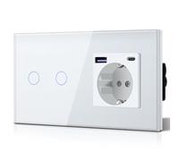 BSEED Enchufe Doble Pared con 20W USB y Tipo C,Enchufe USB C de Cristal,Carga Rápida,3 en 1，Fácil Instalación,2 Gang 1 Vía,157mm Blanco