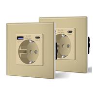 BSEED Enchufe Pared con 20W USB y Tipo C,Enchufe USB C de Cristal,Carga Rápida,3 en 1，Fácil Instalación,1 Enchufe-2 Pack,86mm Oro