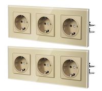 BSEED Enchufe Pared con Cristal,Enchufes Empotrable Estándar,Instalación Con Garfio,Conexión sin Destornillador,Seguridad infantil,E-Serie,3 Enchufes - 2 Paquetes,228mm Oro