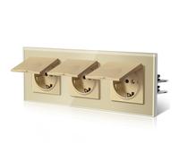 BSEED Enchufe Pared con Tapa,Cristal Enchufes Exterior,Empotrable Estándar,Instalación Con Garfio,Seguridad infantil,E-Serie,3 Enchufe con Tapa,228mm Oro