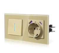 BSEED Enchufe USB C y Interruptor con Garfio,20W Carga Rapida,Interruptor Conmutador con Luz,Seguridad Infantil,Fácil Instalación,E-Serie,1 Gang 2 Vía Con 20 W Enchufe-AC,157mm Oro