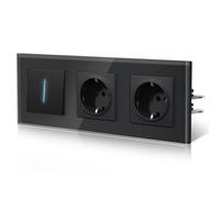 BSEED Enchufe y Interruptor,interruptor Conmutador con Garfio,Basculante con Pilotitos LED,Panel de Vidrio,Seguridad Infantil,Fácil Instalación,E-Serie,1 Gang 2 Vía Con 2 Enchufes,228mm Negro