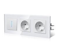 BSEED Enchufe y Interruptor,interruptor Conmutador con Garfio,Basculante con Pilotitos LED,Panel de Vidrio,Seguridad Infantil,Fácil Instalación,E-Serie,1 Gang 2 Vía Con 2 Enchufes,228mm Blanco