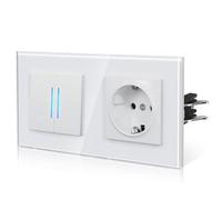 BSEED Enchufe y Interruptor,interruptor Conmutador con Garfio,Basculante con Pilotitos LED,Panel de Vidrio,Seguridad Infantil,Fácil Instalación,E-Serie,2 Gang 2 Vía Con Enchufe,157mm Blanco