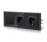 BSEED Enchufe y Interruptor,interruptor pared con Garfio,Basculante con Cristal Panel,Seguridad Infantil,Fácil Instalación,E-Serie,1 Gang 2 Vía Con 2 Enchufes,228mm Negro