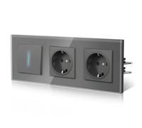 BSEED Enchufe y Interruptor,interruptor pared con Garfio,Basculante con Pilotitos LED,Panel de Vidrio,Seguridad Infantil,Fácil Instalación,E-Serie,1 Gang 1 Vía Con 2 Enchufes,228mm Gris