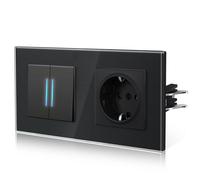 BSEED Enchufe y Interruptor,interruptor pared con Garfio,Basculante con Pilotitos LED,Panel de Vidrio,Seguridad Infantil,Fácil Instalación,E-Serie,2 Gang 1 Vía Con Enchufe,157mm Negro