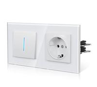 BSEED Enchufe y Interruptor,interruptor pared con Garfio,Basculante con Pilotitos LED,Panel de Vidrio,Seguridad Infantil,Fácil Instalación,E-Serie,1 Gang 1 Vía Con Enchufe,157mm Blanco
