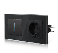 BSEED Enchufe y Interruptor,interruptor pared con Garfio,Basculante con Pilotitos LED,Panel de Vidrio,Seguridad Infantil,Fácil Instalación,E-Serie,1 Gang 1 Vía Con Enchufe,157mm Negro