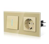 BSEED Enchufe y Interruptor,interruptor pared con Garfio,Basculante con Pilotitos LED,Panel de Vidrio,Seguridad Infantil,Fácil Instalación,E-Serie,1 Gang 1 Vía Con Enchufe,157mm Oro