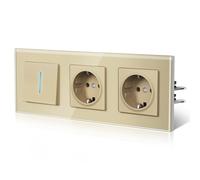 BSEED Enchufe y Interruptor,interruptor pared con Garfio,Basculante con Pilotitos LED,Panel de Vidrio,Seguridad Infantil,Fácil Instalación,E-Serie,1 Gang 1 Vía Con 2 Enchufes,228mm Oro