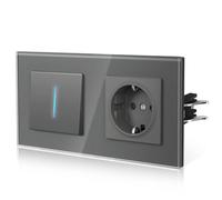 BSEED Enchufe y Interruptor,interruptor pared con Garfio,Basculante con Pilotitos LED,Panel de Vidrio,Seguridad Infantil,Fácil Instalación,E-Serie,1 Gang 1 Vía Con Enchufe,157mm Gris