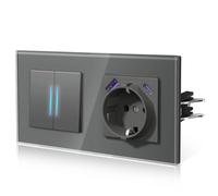 BSEED Enchufes con 20W USB y Tipo C,Enchufe Pared con Cristal,Instalación Con Garfio,Conexión sin Destornillador,Seguridad infantil,E-Serie,2 Gang 1 Vía Con 20 W Enchufe,157mm Gris