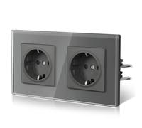 BSEED Enchufes Pared con Cristal,Enchufe doble Empotrable Estándar,Instalación Con Garfio,Conexión sin Destornillador,Seguridad infantil,E-Serie,2 Enchufes,157mm Gris