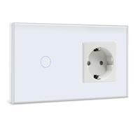 BSEED Interruptor con Enchufe,1 Gang 1 Vía Interruptor de Luz con Enchufe de pared,BlancoInterruptor tactil de Luz pared con indicador LED,enchufes de extensión con panel de vidrio templado 500W