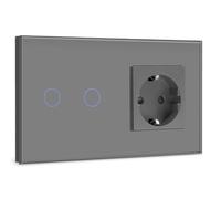 BSEED Interruptor con Enchufe,2 Gang 1 Vía Interruptor de Luz con Enchufe de pared,Gris Interruptor tactil de Luz pared con indicador LED,enchufes de extensión con panel de vidrio templado