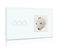 BSEED Interruptor con Enchufe,3 Gang 1 Vía Interruptor de Luz con Enchufe de pared,Blanco Interruptor tactil de Luz pared con indicador LED,enchufes de extensión con panel de vidrio templado