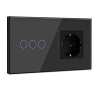 BSEED Interruptor con Enchufe,3 Gang 1 Vía Interruptor de Luz con Enchufe de pared,Nergo Interruptor tactil de Luz pared con indicador LED,enchufes de extensión con panel de vidrio templado