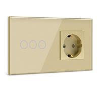 BSEED Interruptor con Enchufe,3 Gang 1 Vía Interruptor de Luz con Enchufe de pared,Oro Interruptor tactil de Luz pared con indicador LED,enchufes de extensión con panel de vidrio templado