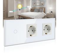 BSEED Interruptor con Enchufe Doble,1 Gang 2 Vías Interruptor Tactil de Luz Pared y 16A 250V Schuko Enchufe Pared Doble con Panel de Vidrio, Blanco