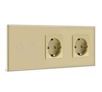 BSEED Interruptor con Enchufe Doble,2 Gang 1 Vía interruptor luz pared con Enchufe de pared,Oro Interruptor tactil de Luz pared con indicador LED,enchufes de extensión con panel de vidrio templado
