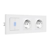 BSEED Interruptor con Enchufe, Interruptor Conmutador Pared con Garras, 2 Gang 2 Vías+ 2 Enchufes, Basculante con LED Indicador, Marco de PC mate, Fácil de Instalar, 228 * 86mm Blanco