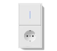 BSEED Interruptor con Enchufe, Interruptor Pulsador con Terminal Enchufable, 1 Gang 1 Vía Light Switch con Indicador Luminoso LED y Marco de PC, Switch con Toma Blanco, 150X80mm