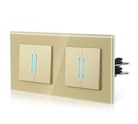 BSEED Interruptor Conmutador con Cristal,interruptor Doble pare con Garfio,Basculante Con Pilotitos LED,Fácil Instalación,Fáciles de Limpiar, E-Series,2 Gang 2 Vía,157mm Oro