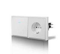 BSEED Interruptor Conmutador y Enchufe,Mate Basculante con Garfio,Botón Pulsador con Pilotitos LED,Fácil Instalación,C-Series,1 Gang 2 Vía Con Enchufe,150mm Blanco