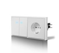 BSEED Interruptor Conmutador y Enchufe,Mate Basculante con Garfio,Botón Pulsador con Pilotitos LED,Fácil Instalación,C-Series,2 Gang 2 Vía Con Enchufe,150mm Blanco